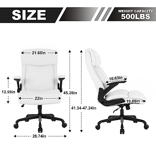 Executive Office Chair, Big and Tall Office Chair 500lbs for Heavy People Ergonomic High Back Leather Executive Office Chair with Flip-up Armrests and Adjustable Height Office Chair （White）