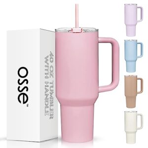 osse 40oz tumbler with handle and straw lid | double wall vacuum reusable stainless steel insulated water bottle travel mug cup | modern insulated tumblers cupholder friendly (pink dusk)