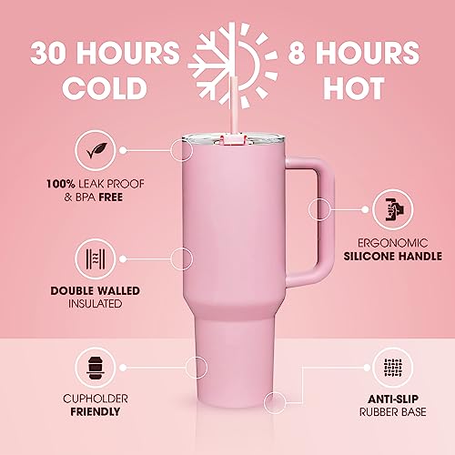 osse 40oz Tumbler with Handle and Straw Lid | Double Wall Vacuum Reusable Stainless Steel Insulated Water Bottle Travel Mug Cup | Modern Insulated Tumblers Cupholder Friendly (Pink Dusk)