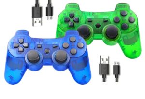 ＲＵＥＩＵＲＩ wireless controller for ps3,2 pack ps3 controller compatible with ps 3 console double shock motion control upgraded joystick with charging cord (blue+green)