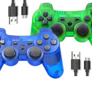 ＲＵＥＩＵＲＩ Wireless Controller for PS3,2 Pack PS3 Controller Compatible with PS 3 Console Double Shock Motion Control Upgraded Joystick with Charging Cord (Blue+Green)