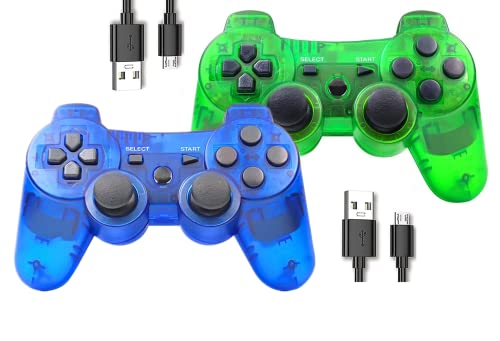 ＲＵＥＩＵＲＩ Wireless Controller for PS3,2 Pack PS3 Controller Compatible with PS 3 Console Double Shock Motion Control Upgraded Joystick with Charging Cord (Blue+Green)