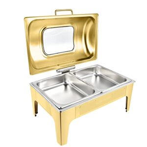 chafing dish buffet set, 9 quart stainless steel rectangular chafing full size food pan,chafing servers with covers buffet servers and food warmers for parties wedding outdoor banquet,golden