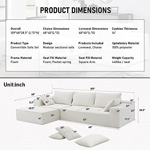 DEINPPA Modern Minimalist Style Modular Sofa Couch with Pillows, Deep Sectional Sofa Furniture Set, 4-Seater Chenille L-Shaped Sofa for Living Room Reception Room