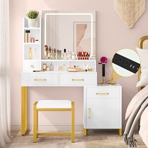 dwvo vanity desk with mirror and lights, makeup vanity with lights and drawers, vanity mirror with lights and table set, 3 color adjustable lighting brightness & power outlet, white