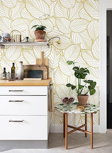 Peel and Stick Wallpaper Gold Contact Paper Leaf Wallpaper Boho Leaves Peel and Stick Wallpaper Self-Adhesive Wallpaper Waterproof Wallpaper for Wall Home 17.7" X118"