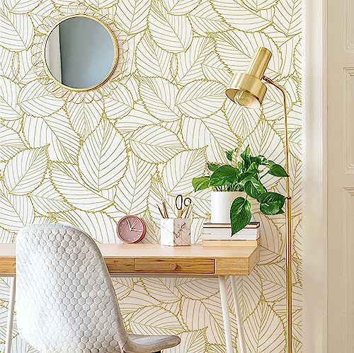 Peel and Stick Wallpaper Gold Contact Paper Leaf Wallpaper Boho Leaves Peel and Stick Wallpaper Self-Adhesive Wallpaper Waterproof Wallpaper for Wall Home 17.7" X118"