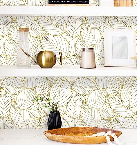 Peel and Stick Wallpaper Gold Contact Paper Leaf Wallpaper Boho Leaves Peel and Stick Wallpaper Self-Adhesive Wallpaper Waterproof Wallpaper for Wall Home 17.7" X118"