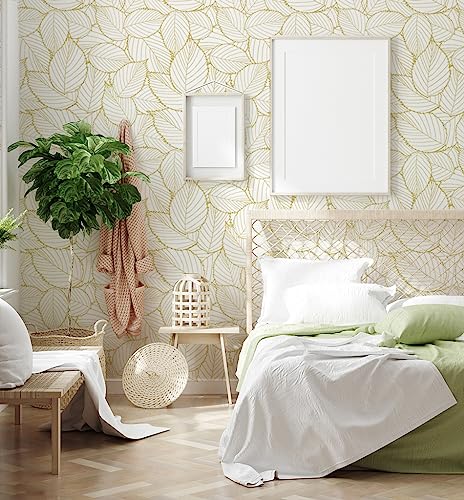 Peel and Stick Wallpaper Gold Contact Paper Leaf Wallpaper Boho Leaves Peel and Stick Wallpaper Self-Adhesive Wallpaper Waterproof Wallpaper for Wall Home 17.7" X118"