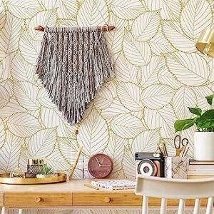 Peel and Stick Wallpaper Gold Contact Paper Leaf Wallpaper Boho Leaves Peel and Stick Wallpaper Self-Adhesive Wallpaper Waterproof Wallpaper for Wall Home 17.7" X118"