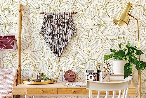 Peel and Stick Wallpaper Gold Contact Paper Leaf Wallpaper Boho Leaves Peel and Stick Wallpaper Self-Adhesive Wallpaper Waterproof Wallpaper for Wall Home 17.7" X118"