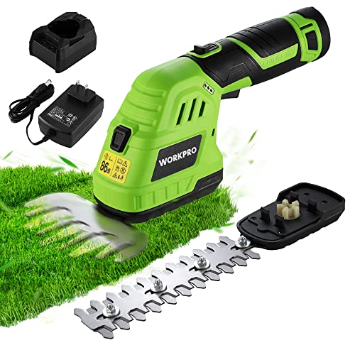 WORKPRO 12V Cordless Grass Shear & Shrubbery Trimmer - 2 in 1 Handheld Hedge Trimmer, Electric Grass Trimmer Hedge Shears/Grass Cutter with 2.0Ah Rechargeable Lithium-Ion Battery &1 Hour Fast Charger