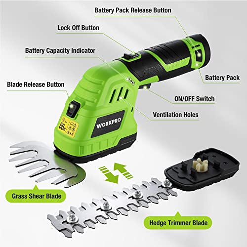 WORKPRO 12V Cordless Grass Shear & Shrubbery Trimmer - 2 in 1 Handheld Hedge Trimmer, Electric Grass Trimmer Hedge Shears/Grass Cutter with 2.0Ah Rechargeable Lithium-Ion Battery &1 Hour Fast Charger