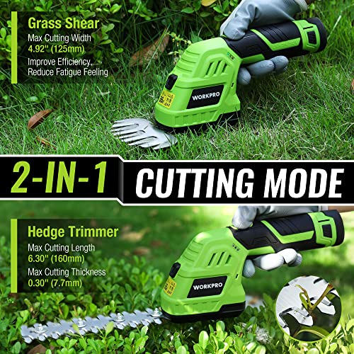 WORKPRO 12V Cordless Grass Shear & Shrubbery Trimmer - 2 in 1 Handheld Hedge Trimmer, Electric Grass Trimmer Hedge Shears/Grass Cutter with 2.0Ah Rechargeable Lithium-Ion Battery &1 Hour Fast Charger