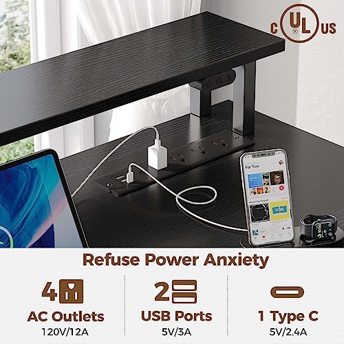 Rolanstar Computer Desk with File Drawer, 55.1" L Shaped Desk with Power Outlet & LED Lights, Home Office Desk with Monitor Stand & Keyboard Tray, Corner Study Writing Table with Storage, Black