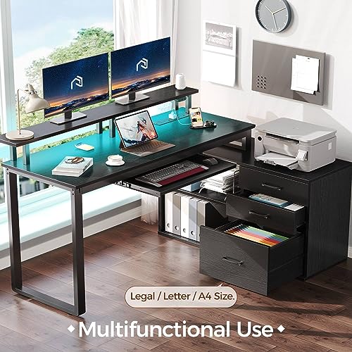 Rolanstar Computer Desk with File Drawer, 55.1" L Shaped Desk with Power Outlet & LED Lights, Home Office Desk with Monitor Stand & Keyboard Tray, Corner Study Writing Table with Storage, Black