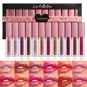 langmanni 12pcs lip gloss collection makeup set, shiny smooth soft liquid lip glosses lip stain with rich varied colors for girls and women makeup