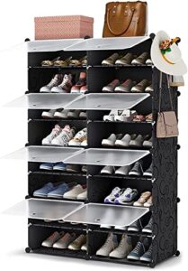 yihata shoe rack organizer 32 pairs shoe storage cabinet 8-tier diy expandable free standing shoe cabinet for entryway closet bedroom hallway with versatile hook (black)