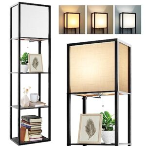 avv wide floor lamp with shelves, 4-tier modern shelf floor lamp 15w led bulb with 2700 4000k 5000k color selectable, display lamp for living room, bedroom, and office, black