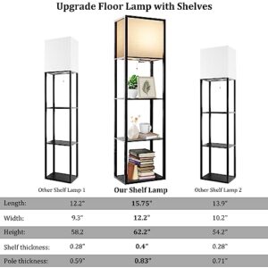 AVV Wide Floor Lamp with Shelves, 4-Tier Modern Shelf Floor Lamp 15W LED Bulb with 2700 4000K 5000K Color Selectable, Display Lamp for Living Room, Bedroom, and Office, Black