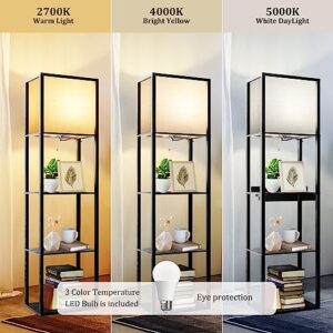 AVV Wide Floor Lamp with Shelves, 4-Tier Modern Shelf Floor Lamp 15W LED Bulb with 2700 4000K 5000K Color Selectable, Display Lamp for Living Room, Bedroom, and Office, Black