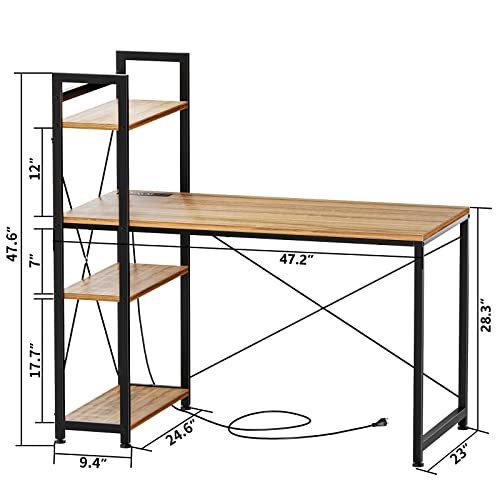 EKNITEY Computer Desk with Power Outlet Small Study Desk Writing Table and 4 Tier Storage Shelves for Home Office Workstation Wooden 47" (Light Walnut)