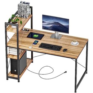eknitey computer desk with power outlet small study desk writing table and 4 tier storage shelves for home office workstation wooden 47" (light walnut)