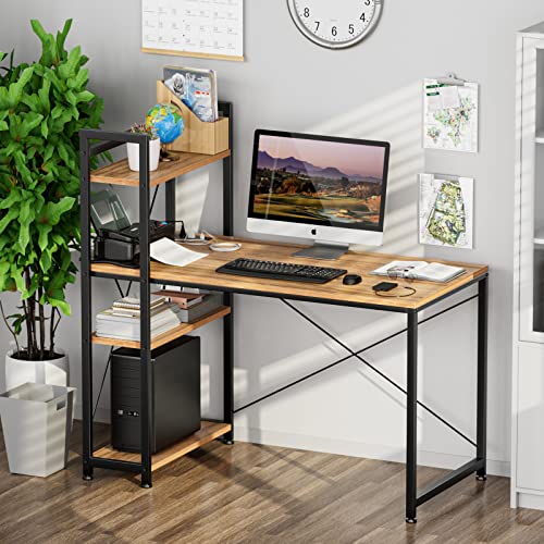 EKNITEY Computer Desk with Power Outlet Small Study Desk Writing Table and 4 Tier Storage Shelves for Home Office Workstation Wooden 47" (Light Walnut)