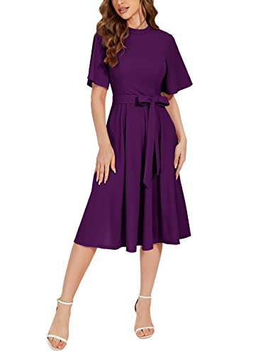 MUADRESS Women Vintage Cocktail Dresses Modest Short Sleeve Classic Tea Dresses Bridesmaid Party Homecoming Dress Grape S