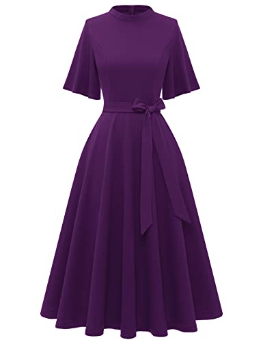 MUADRESS Women Vintage Cocktail Dresses Modest Short Sleeve Classic Tea Dresses Bridesmaid Party Homecoming Dress Grape S