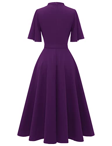 MUADRESS Women Vintage Cocktail Dresses Modest Short Sleeve Classic Tea Dresses Bridesmaid Party Homecoming Dress Grape S