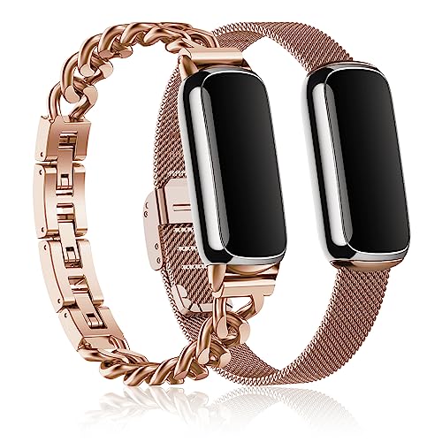 Farluya 2 Pack Compatible with Fitbit Luxe Bands,Slim Metal Band Stainless Steel Adjustable Straps Replacement Bands for Fitbit Luxe Smart Watch for Women Men,Rose Gold