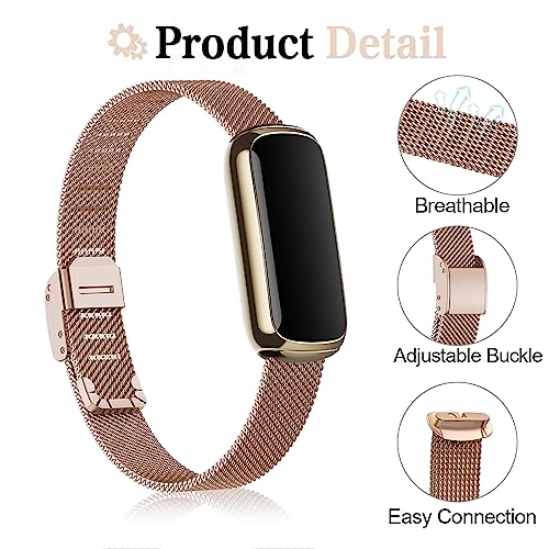 Farluya 2 Pack Compatible with Fitbit Luxe Bands,Slim Metal Band Stainless Steel Adjustable Straps Replacement Bands for Fitbit Luxe Smart Watch for Women Men,Rose Gold