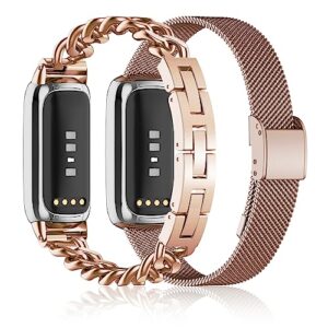 Farluya 2 Pack Compatible with Fitbit Luxe Bands,Slim Metal Band Stainless Steel Adjustable Straps Replacement Bands for Fitbit Luxe Smart Watch for Women Men,Rose Gold