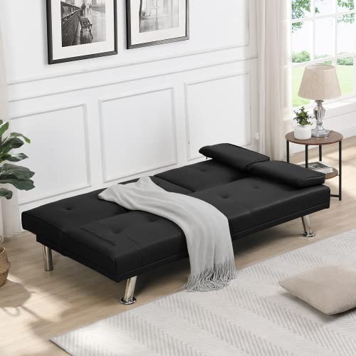 Anwickmak Futon Sofa Bed, Modern Convertible Armrests Sleeper Couch with 2 Cup Holders,loveseat,for Studio,Apartment,Office,Living Room,66.1”x 31.7”x 28.3” (Black)