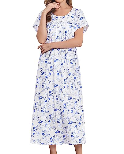 IZZY + TOBY Cotton Nightgowns for Women Soft Short Sleeve Knitted Night Gown Ladies Long Nightdress Sleepwear Blue Morning Bulls M