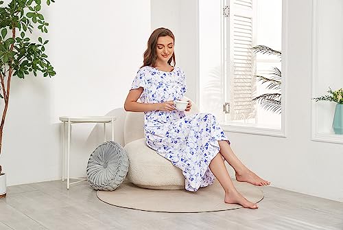 IZZY + TOBY Cotton Nightgowns for Women Soft Short Sleeve Knitted Night Gown Ladies Long Nightdress Sleepwear Blue Morning Bulls M