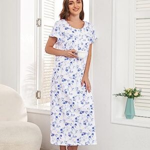 IZZY + TOBY Cotton Nightgowns for Women Soft Short Sleeve Knitted Night Gown Ladies Long Nightdress Sleepwear Blue Morning Bulls M