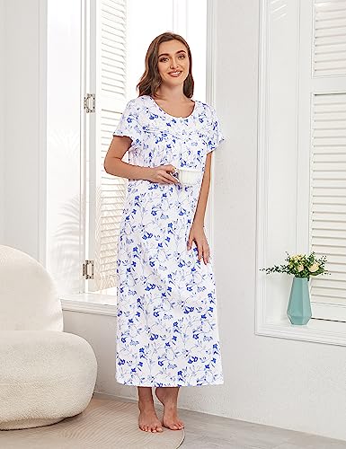 IZZY + TOBY Cotton Nightgowns for Women Soft Short Sleeve Knitted Night Gown Ladies Long Nightdress Sleepwear Blue Morning Bulls M