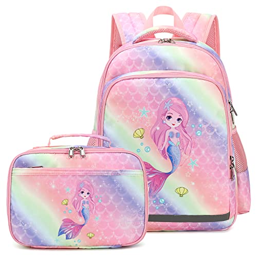 YCBB Rainbow Mermaid Kids Backpacks for Girls School Bookbags Set with Lunch Tote Bag Lightweight Preschool Kindergarten Elementary School Backpacks