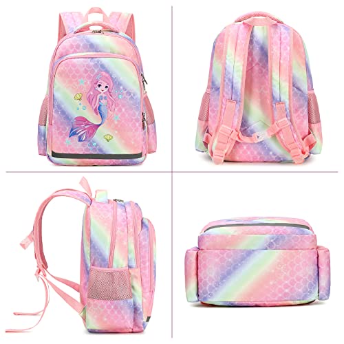 YCBB Rainbow Mermaid Kids Backpacks for Girls School Bookbags Set with Lunch Tote Bag Lightweight Preschool Kindergarten Elementary School Backpacks