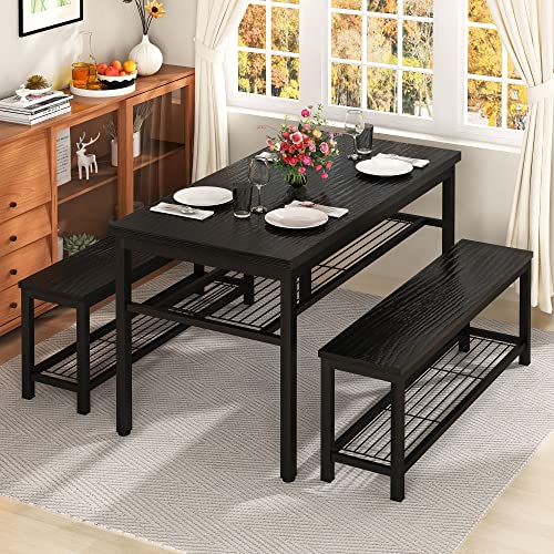 Lamerge 3-Piece Dining Table Set, Black Dining Table with Storage Shelf, Kitchen Table and Chairs Set for 4, Dining Table Set with 2 Benches, Industrial Dining Table Set for Dining Room, Kitchen