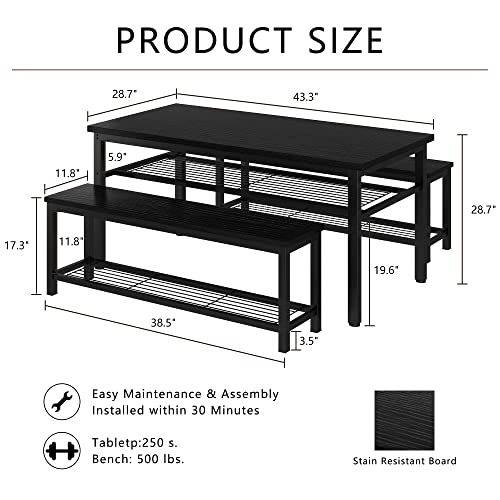 Lamerge 3-Piece Dining Table Set, Black Dining Table with Storage Shelf, Kitchen Table and Chairs Set for 4, Dining Table Set with 2 Benches, Industrial Dining Table Set for Dining Room, Kitchen