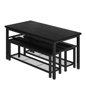 Lamerge 3-Piece Dining Table Set, Black Dining Table with Storage Shelf, Kitchen Table and Chairs Set for 4, Dining Table Set with 2 Benches, Industrial Dining Table Set for Dining Room, Kitchen