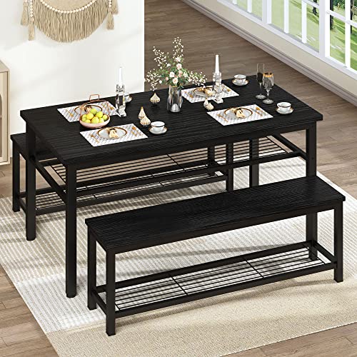 Lamerge 3-Piece Dining Table Set, Black Dining Table with Storage Shelf, Kitchen Table and Chairs Set for 4, Dining Table Set with 2 Benches, Industrial Dining Table Set for Dining Room, Kitchen