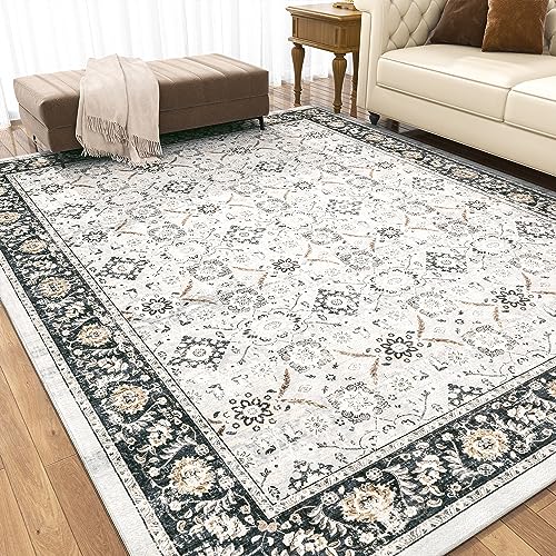 8x10 Washable Area Rug for Living Room Bedroom - Vintage Boho Persian Carpet Large Soft Distressed Floral Floor Rug for Dinning Room Playroom Home Office Indoor Room Decor,Black