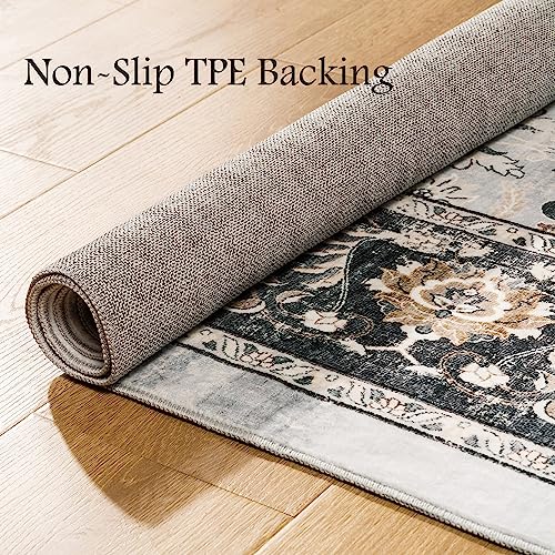 8x10 Washable Area Rug for Living Room Bedroom - Vintage Boho Persian Carpet Large Soft Distressed Floral Floor Rug for Dinning Room Playroom Home Office Indoor Room Decor,Black