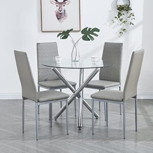 paonne round dining table set for 4, glass round kitchen table and chairs for 4, 5-pieces table with chair set