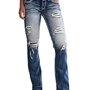 Flamingals Distressed Jeans for Women Mid Waist Ripped Flare Jeans Denim Pants 2023 Trendy Mid Blue L