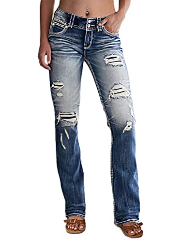 Flamingals Distressed Jeans for Women Mid Waist Ripped Flare Jeans Denim Pants 2023 Trendy Mid Blue L